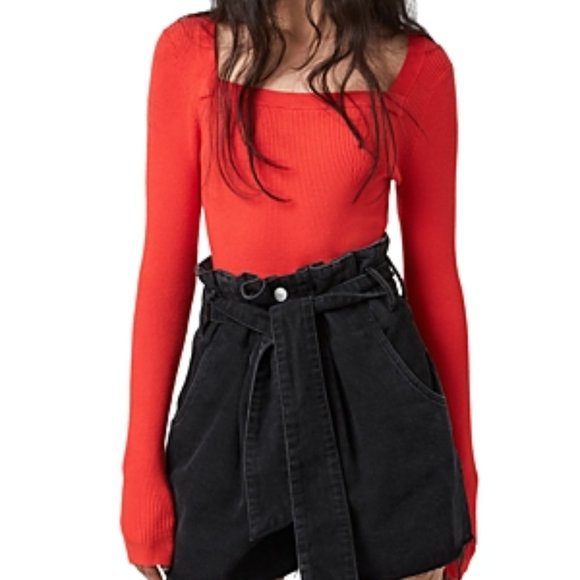 All Saints Bardi Square Neck Ribbed Top in Flame Red - Picture 3 of 5